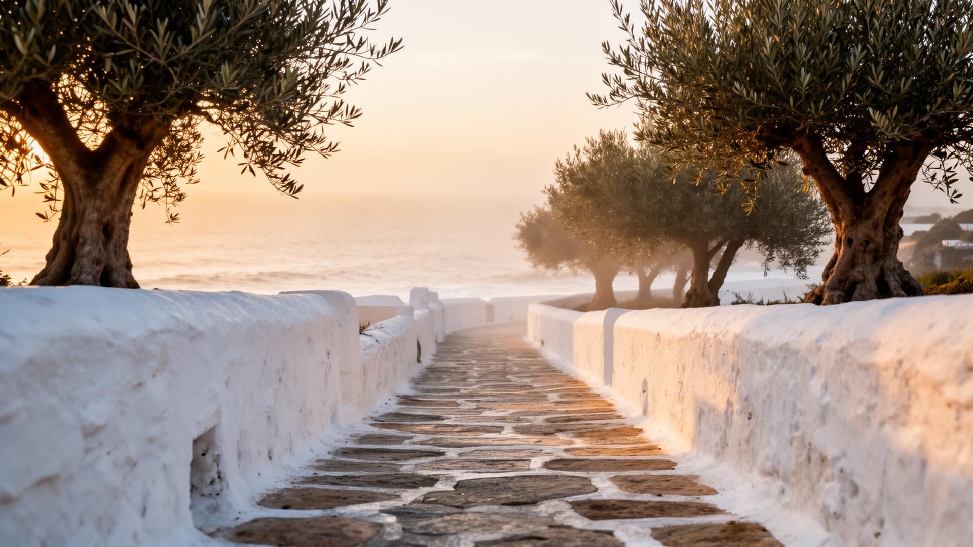 A whitewashed stone path in Portugal opens toward the ocean at golden hour